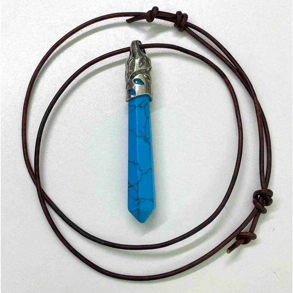 Handmade Turquoise Howlite Obelisk Pendant Leather Slider Necklace